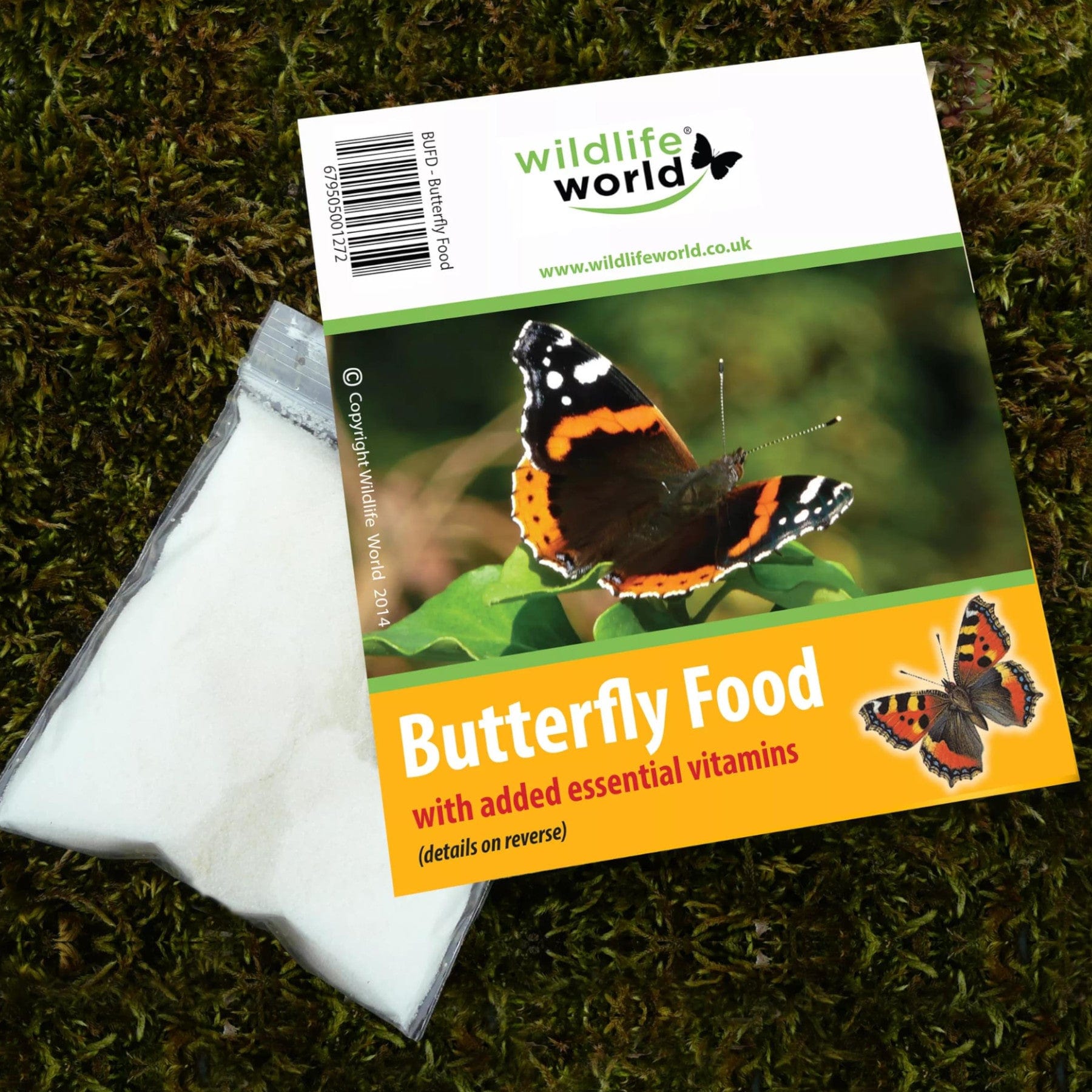 Butterfly Food packet from Wildlife World on mossy background, with image of Red Admiral butterfly, product bar code visible, essential vitamins mentioned.