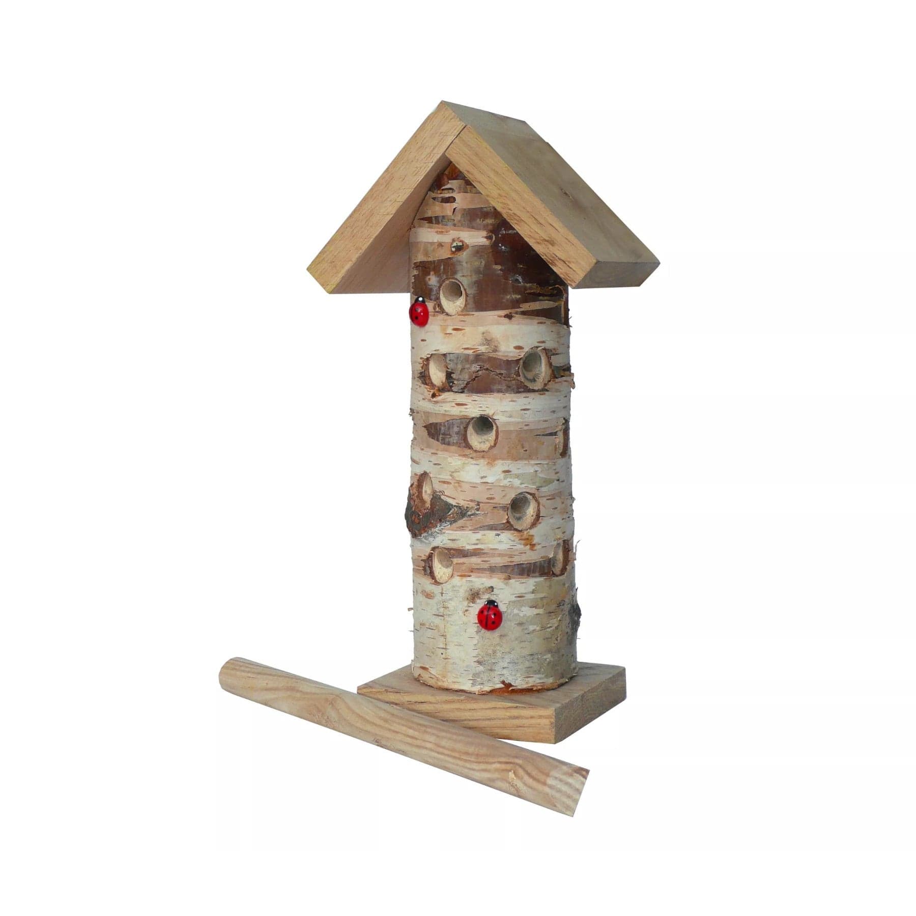 Rustic birch log birdhouse with natural wood perch and red entrance accents on white background