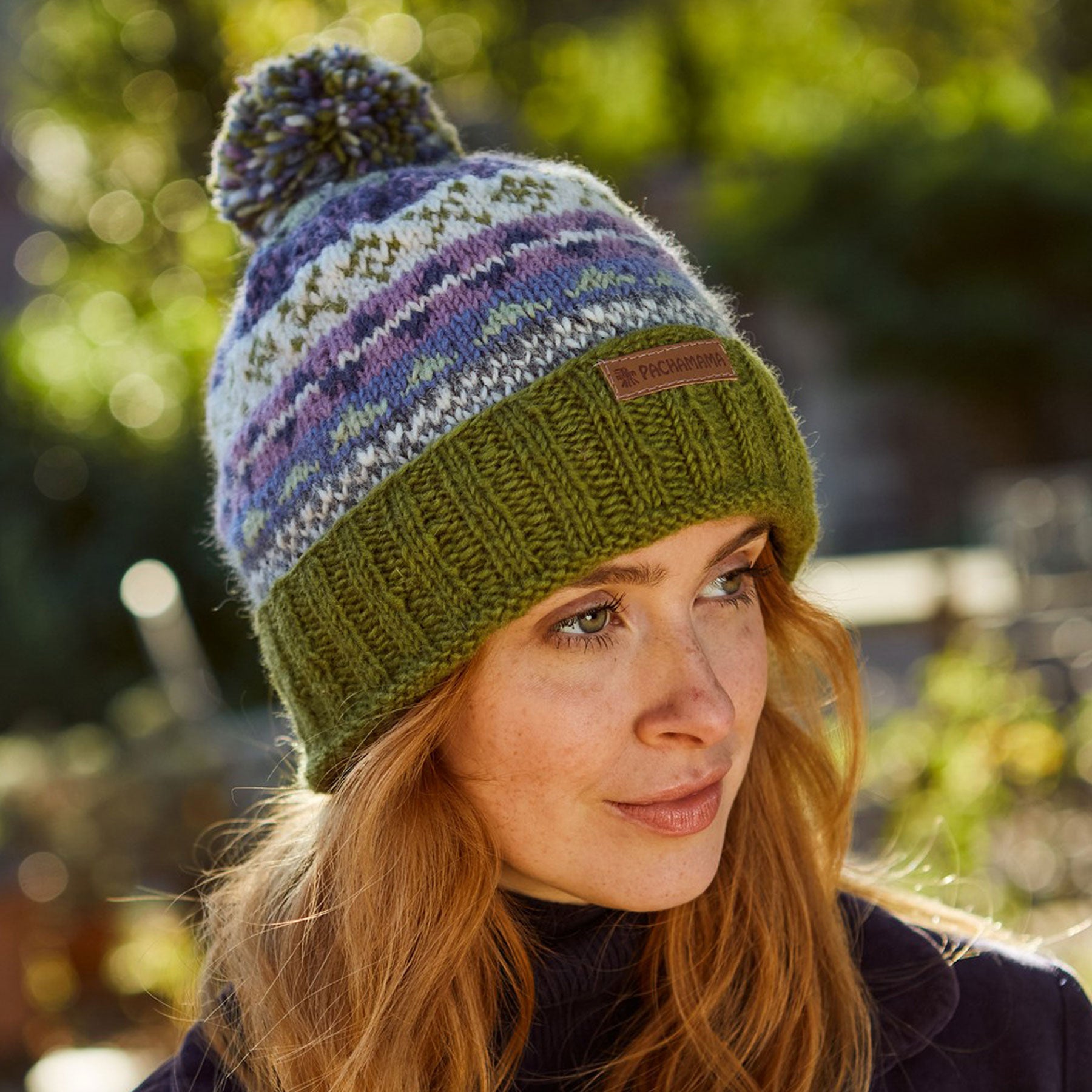 Womens classic fairisle olive roll back bobble beanie