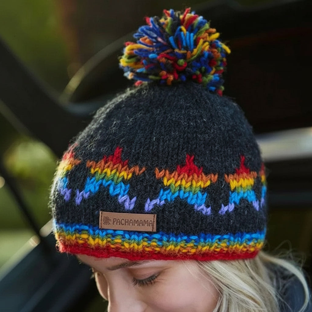 Womens rainbow star charcoal bobble beanie