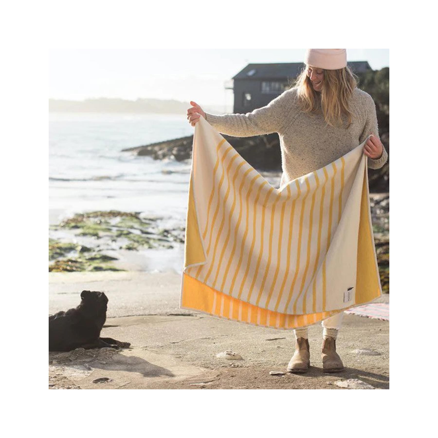 Yellow stripe recycled cotton blanket