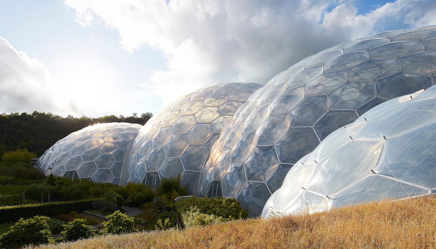 Giant biomes at eco-park with hexagonal transparent panels under cloudy sky, surrounded by lush greenery and grassy field
