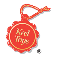 Keel Toys brand logo on a red round tag with a gold border and orange string loop