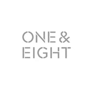 Stylized text "ONE & EIGHT" in a modern font on a light background, minimalistic brand logo design.
