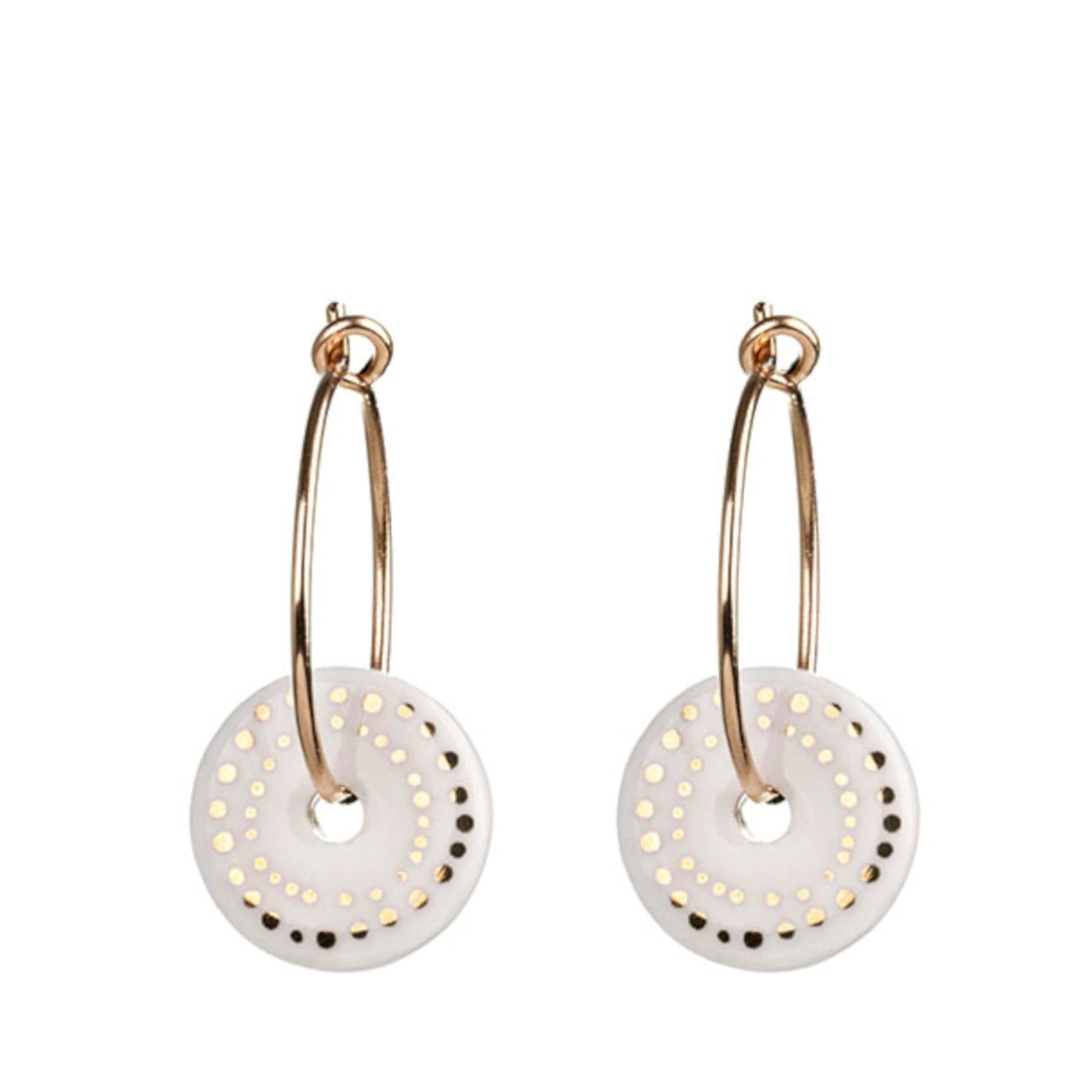 Porcelain white dots gold earrings