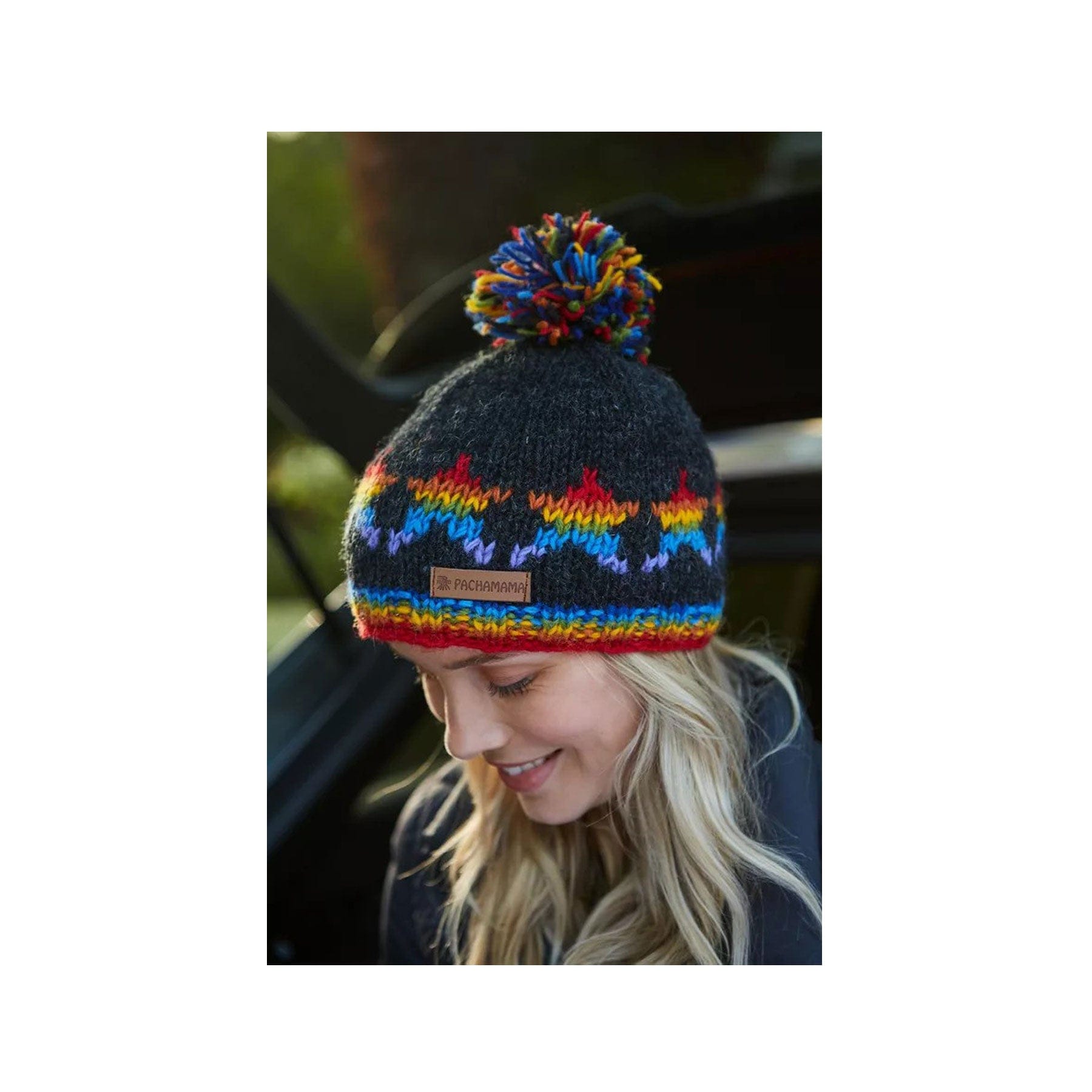 Womens rainbow star charcoal bobble beanie