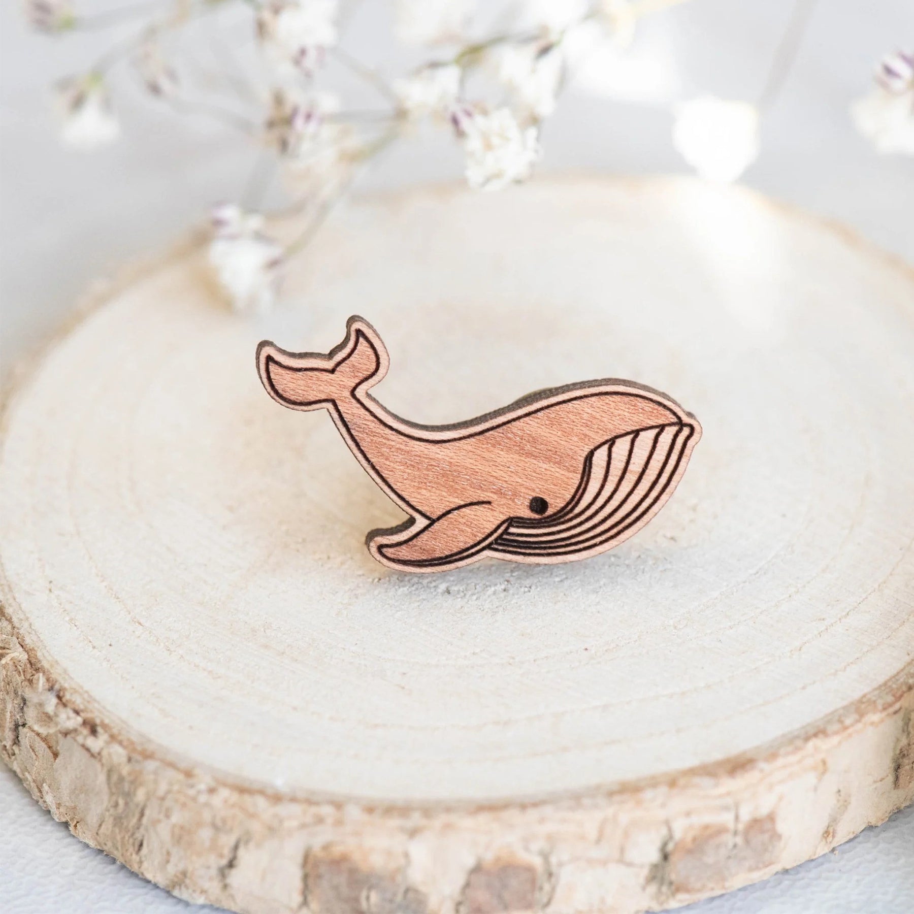 Blue whale cherry wood pin badge