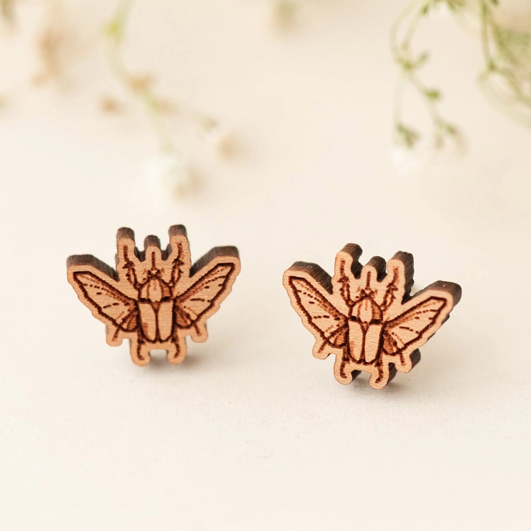 Scarab beetle cherry wood stud earrings