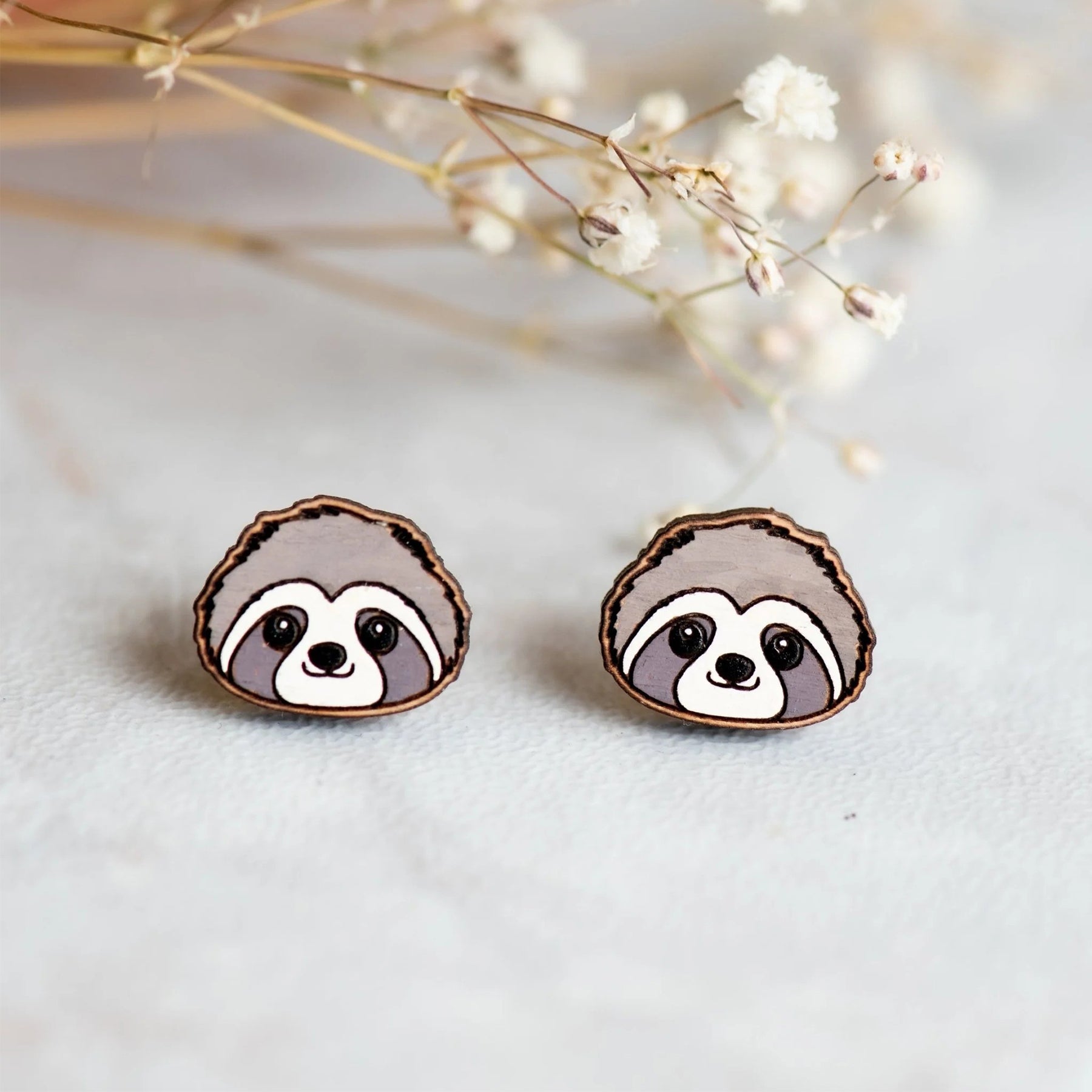 Sloth hand-painted wood stud earrings