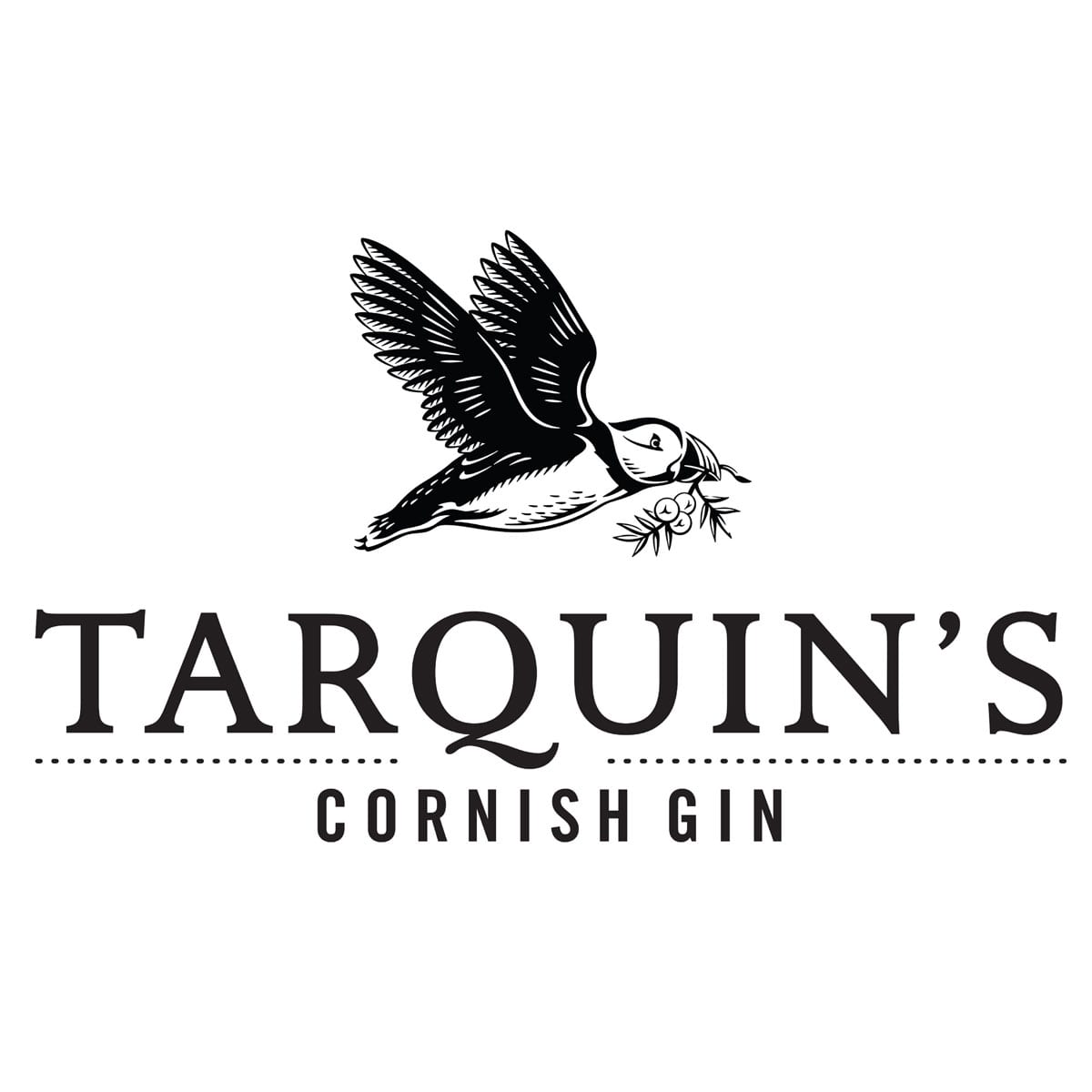 Alt text: Logo of Tarquin's Cornish Gin featuring an illustrated puffin in flight carrying a sprig, with bold text "TARQUIN'S" above and "CORNISH GIN" below.