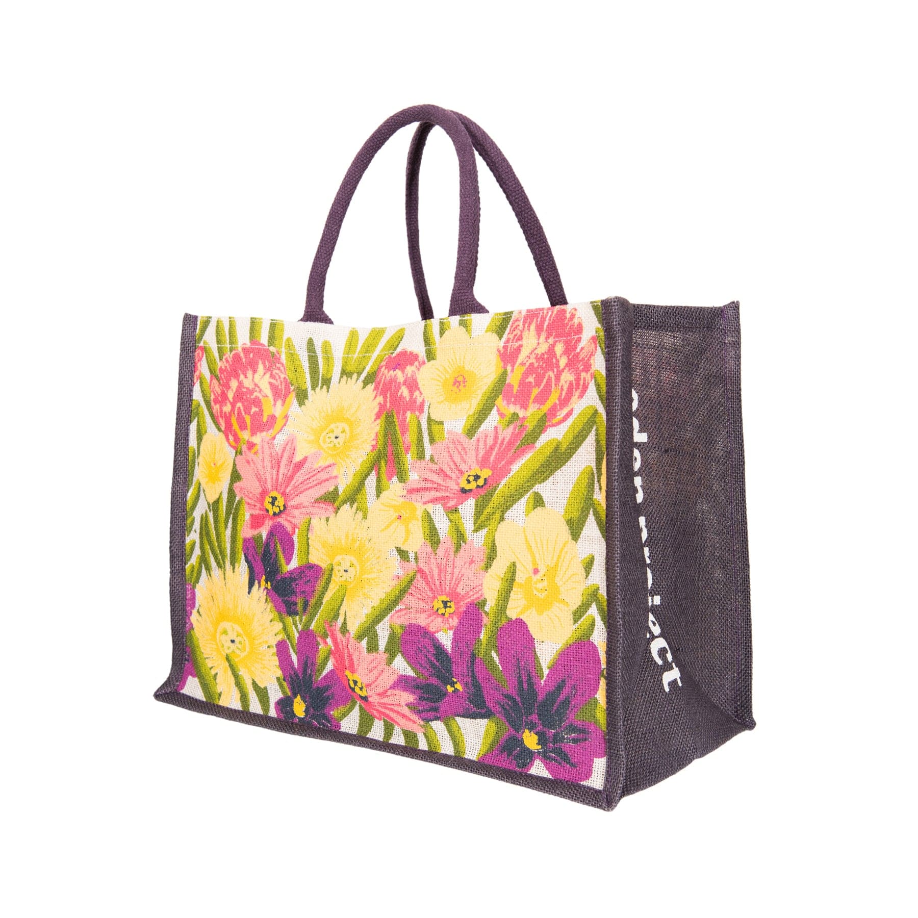 Floral patterned reusable shopping tote bag with sturdy purple handles on a white background